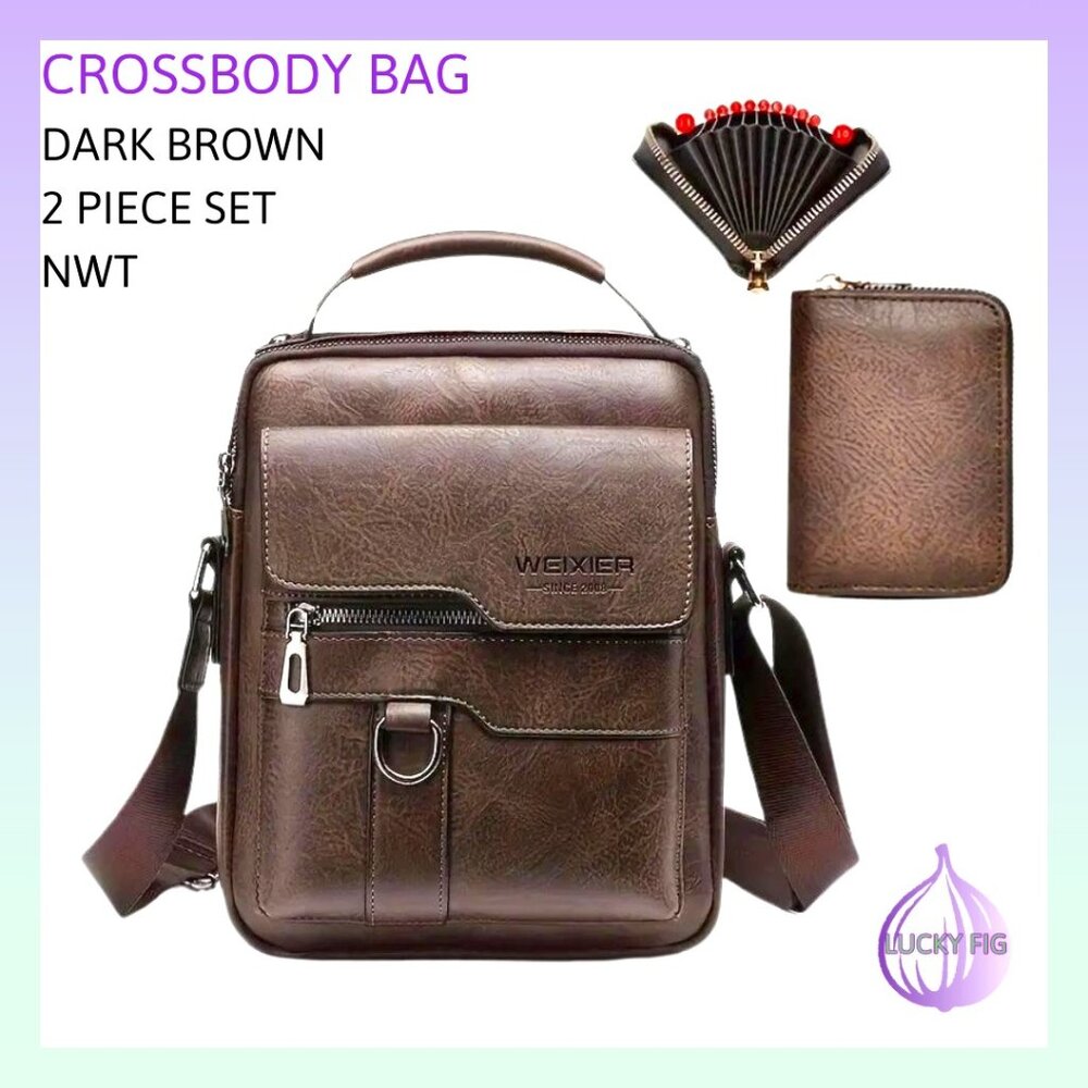 NWT LARGE SIZE Dark Brown Leather Crossbody Bag & Card Holder